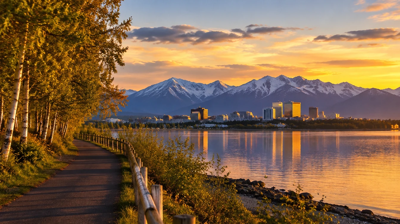 Tony Knowles Coastal Trail with the downtown Anchorage, Alaska skyline and Chugach Mountains