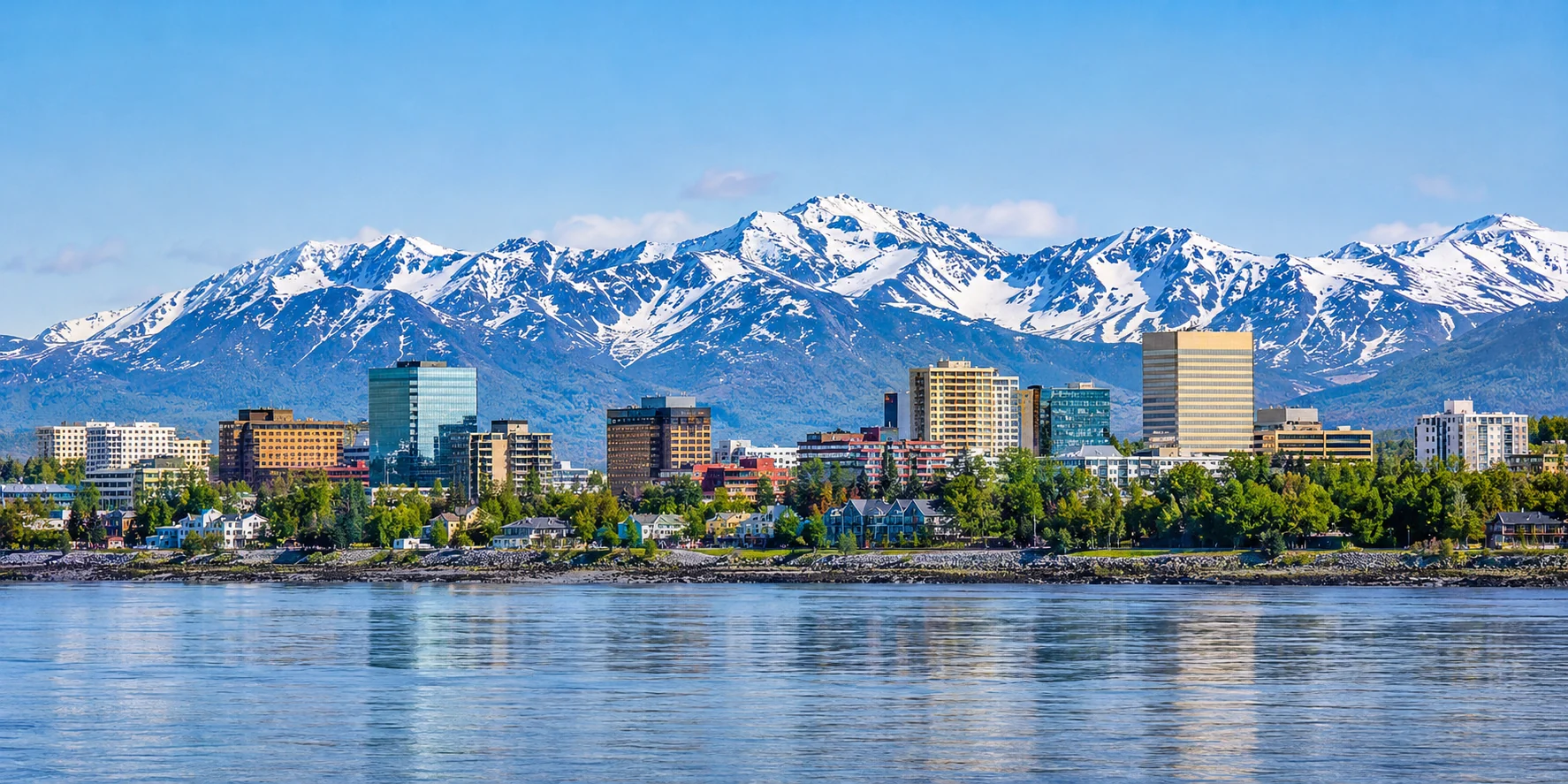 Downtown Anchorage, Alaska skyline with the Chugach Mountains