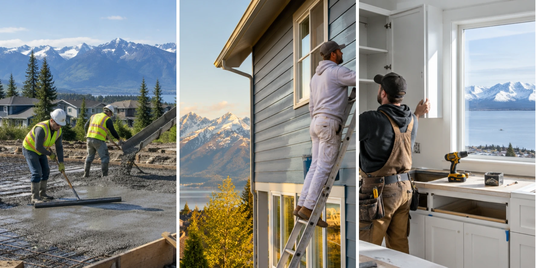 Anchorage, AK contractors at work: a concrete crew pouring a foundation, a painter on lap siding, and a carpenter installing kitchen cabinets