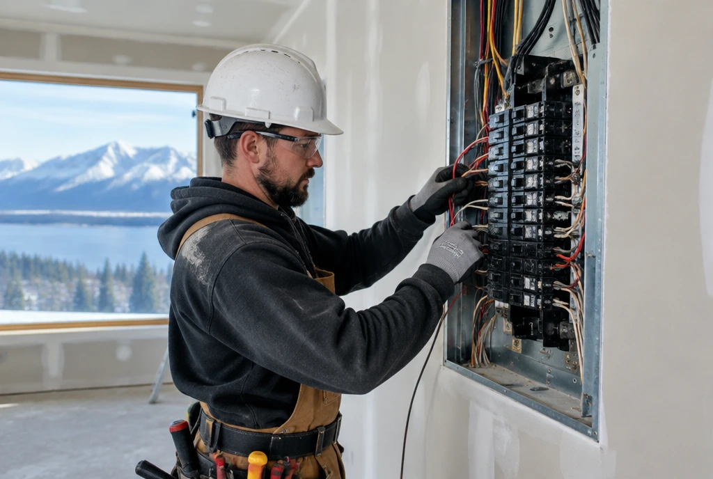 Electrician wiring a residential panel in an Anchorage, AK home