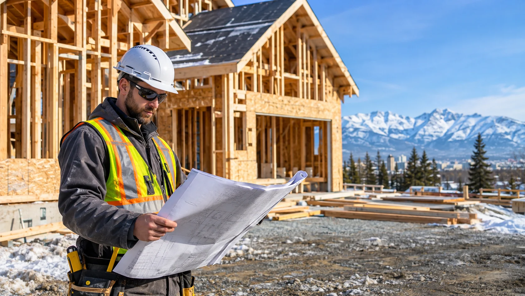 General contractor reviewing blueprints at a framed home site in Anchorage, AK