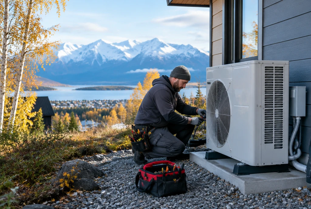 HVAC technician installing a heat pump at an Anchorage, AK home