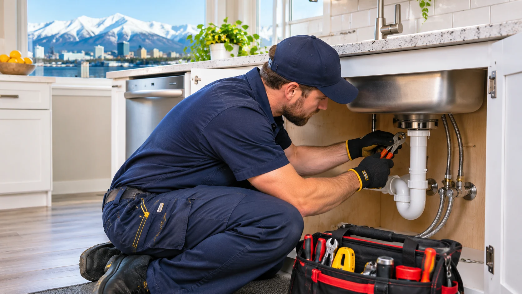 Plumber repairing a kitchen sink drain in a Anchorage, AK home
