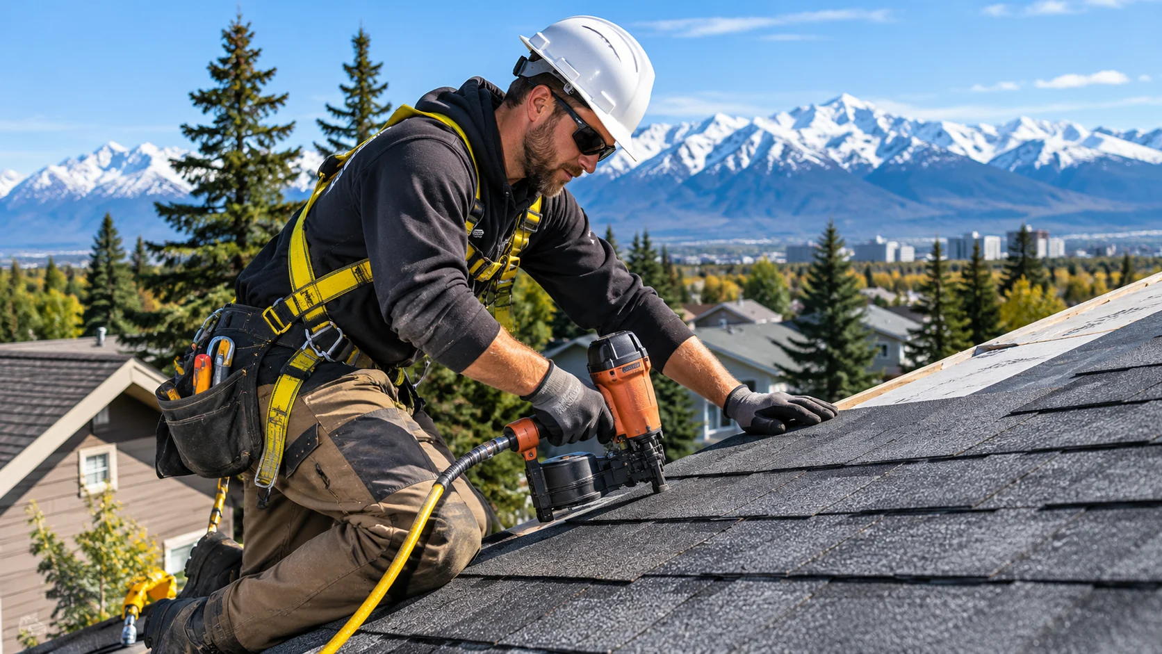 Roofer in a safety harness installing asphalt shingles in Anchorage, AK