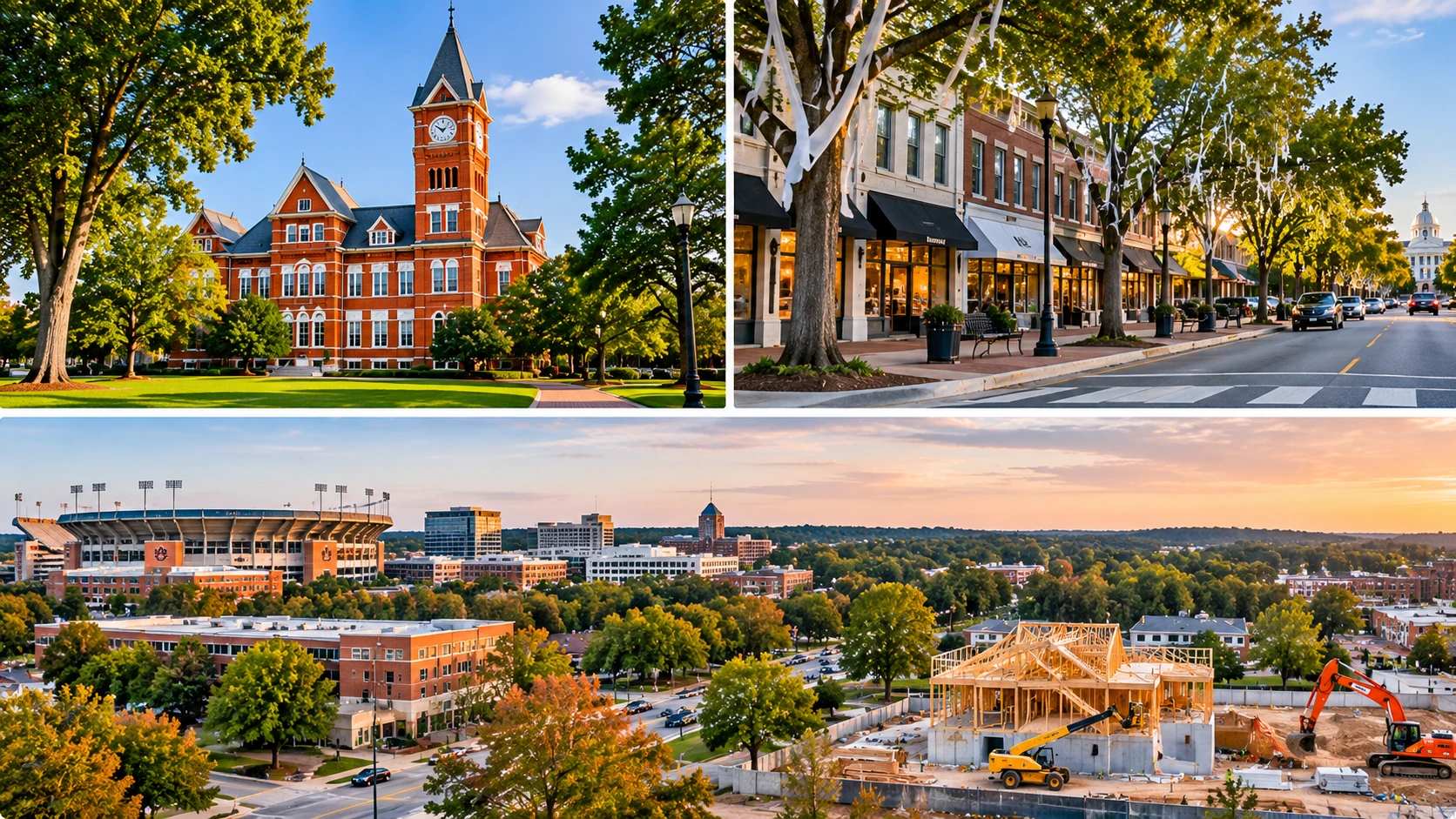 Auburn, Alabama collage with Samford Hall, downtown storefronts, and new construction near the stadium