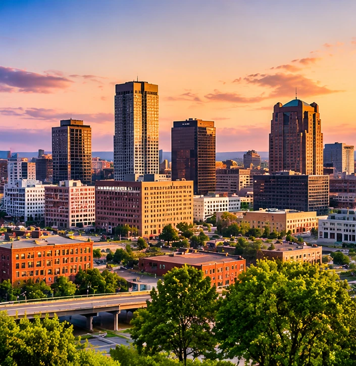 Downtown Birmingham, Alabama skyline at sunset