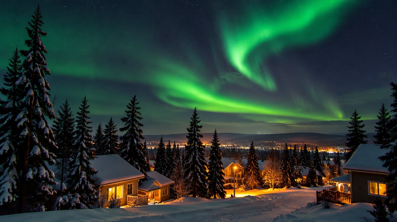 Northern lights over a snowy Fairbanks, Alaska neighborhood