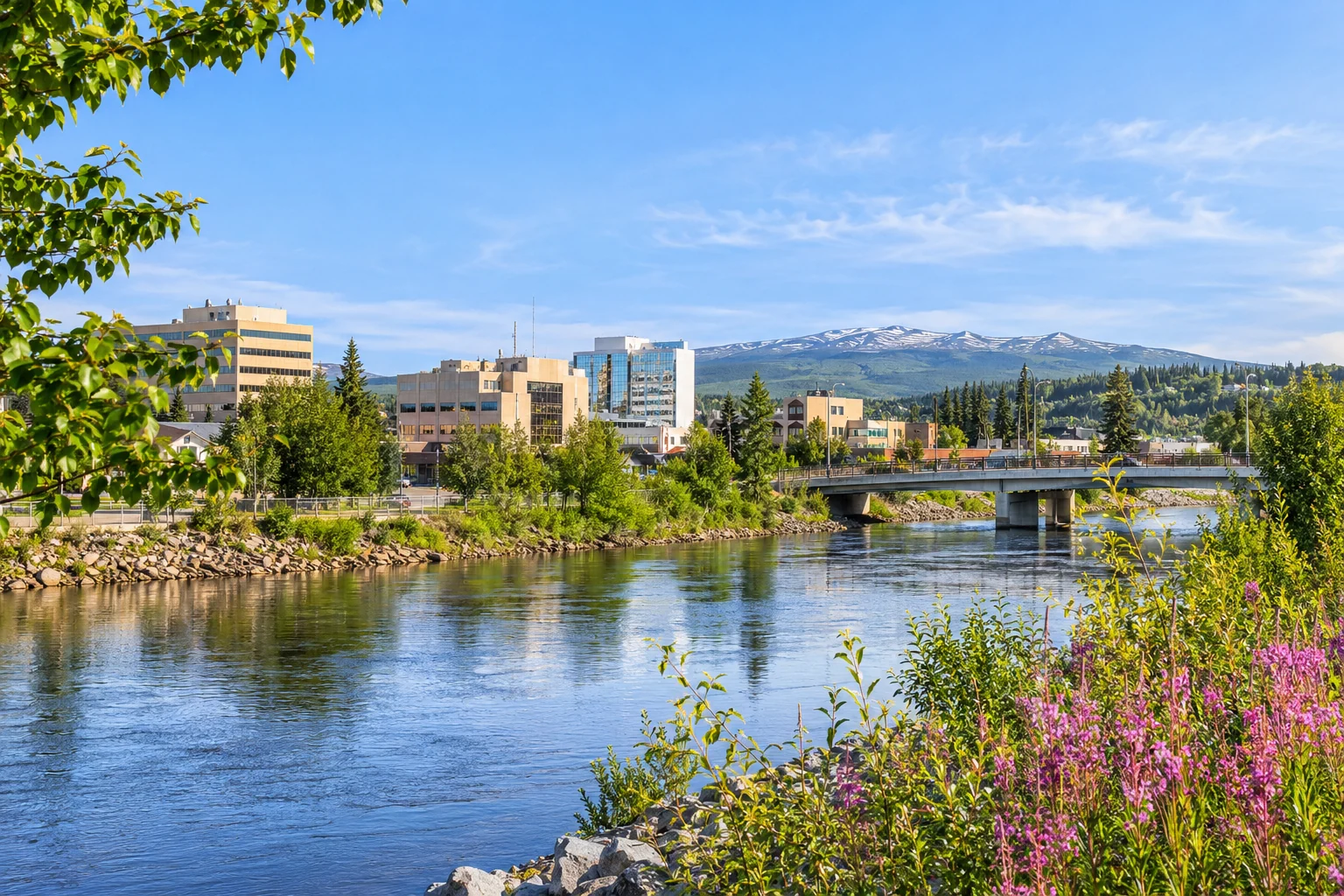 Chena River and downtown Fairbanks, Alaska in summer