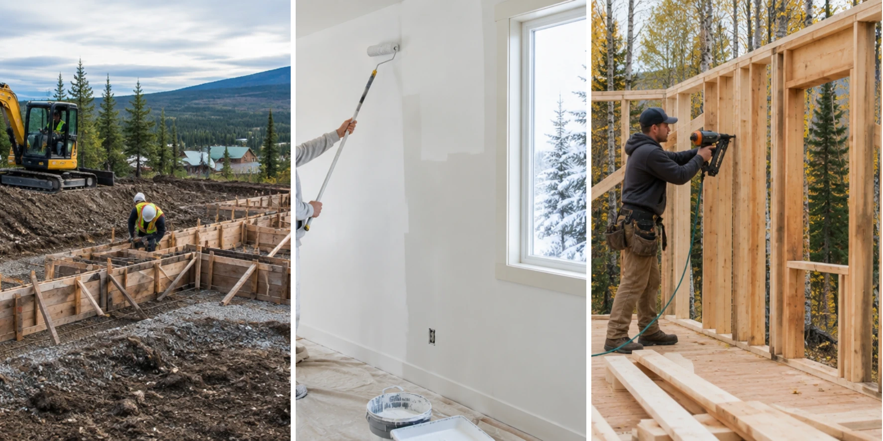 Fairbanks, AK contractors at work: an excavation crew setting foundation forms, a painter finishing interior walls, and a carpenter framing a cabin
