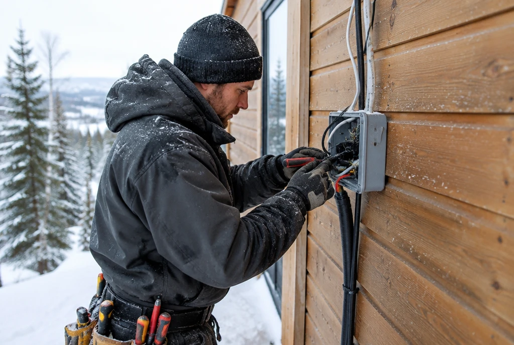 Electrician installing exterior wiring on a new home in winter in Fairbanks, AK