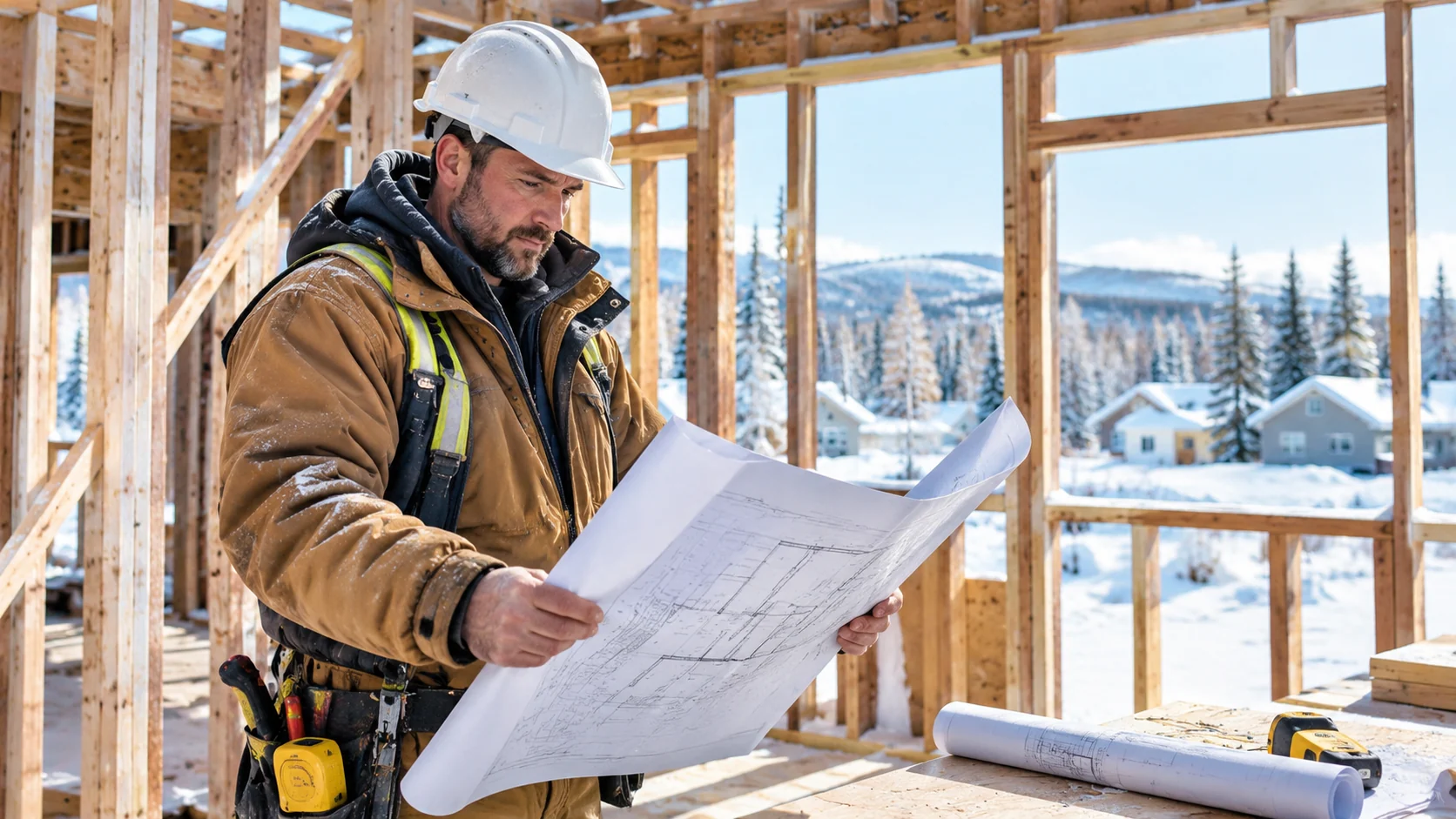 General contractor reviewing plans inside a framed home in winter in Fairbanks, AK