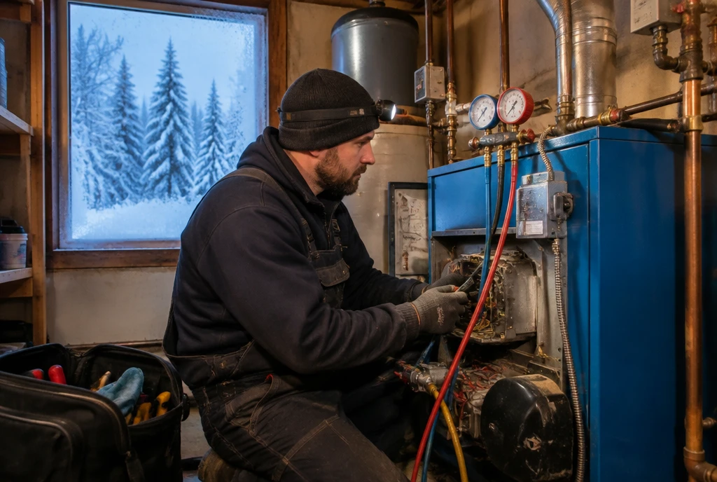 HVAC technician servicing a boiler in a Fairbanks, AK home