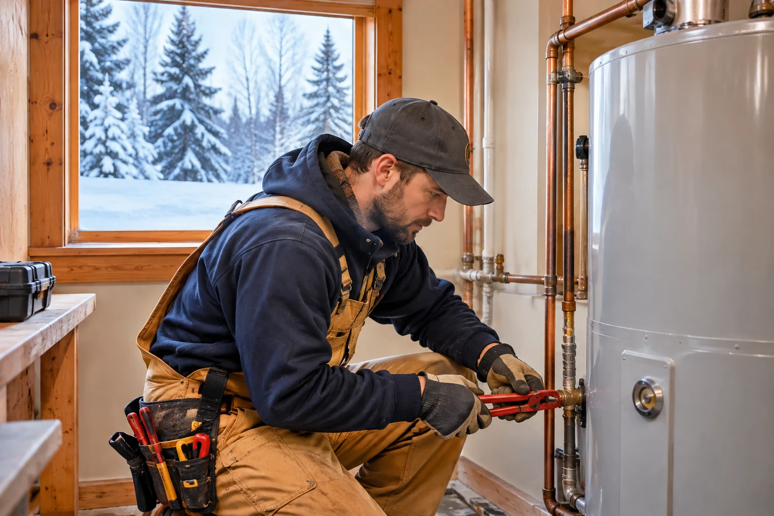 Plumber servicing a water heater during winter in Fairbanks, AK
