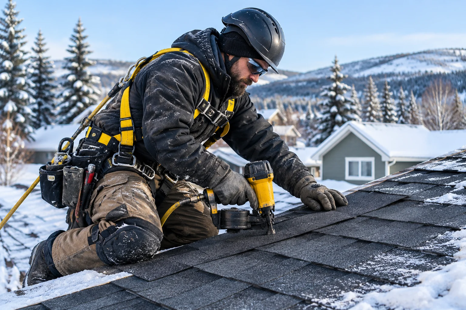Roofer nailing shingles on a snow-covered roof in Fairbanks, AK