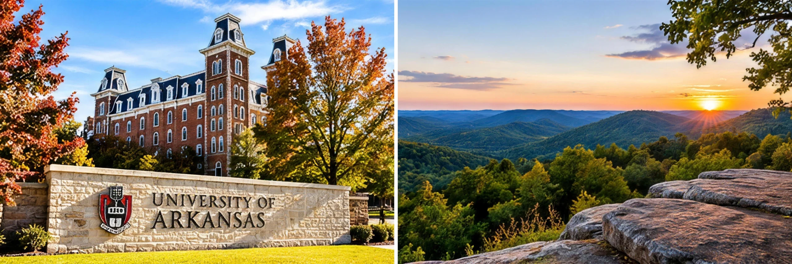 Fayetteville, Arkansas collage with Old Main at the University of Arkansas and an Ozark Mountains overlook at sunset