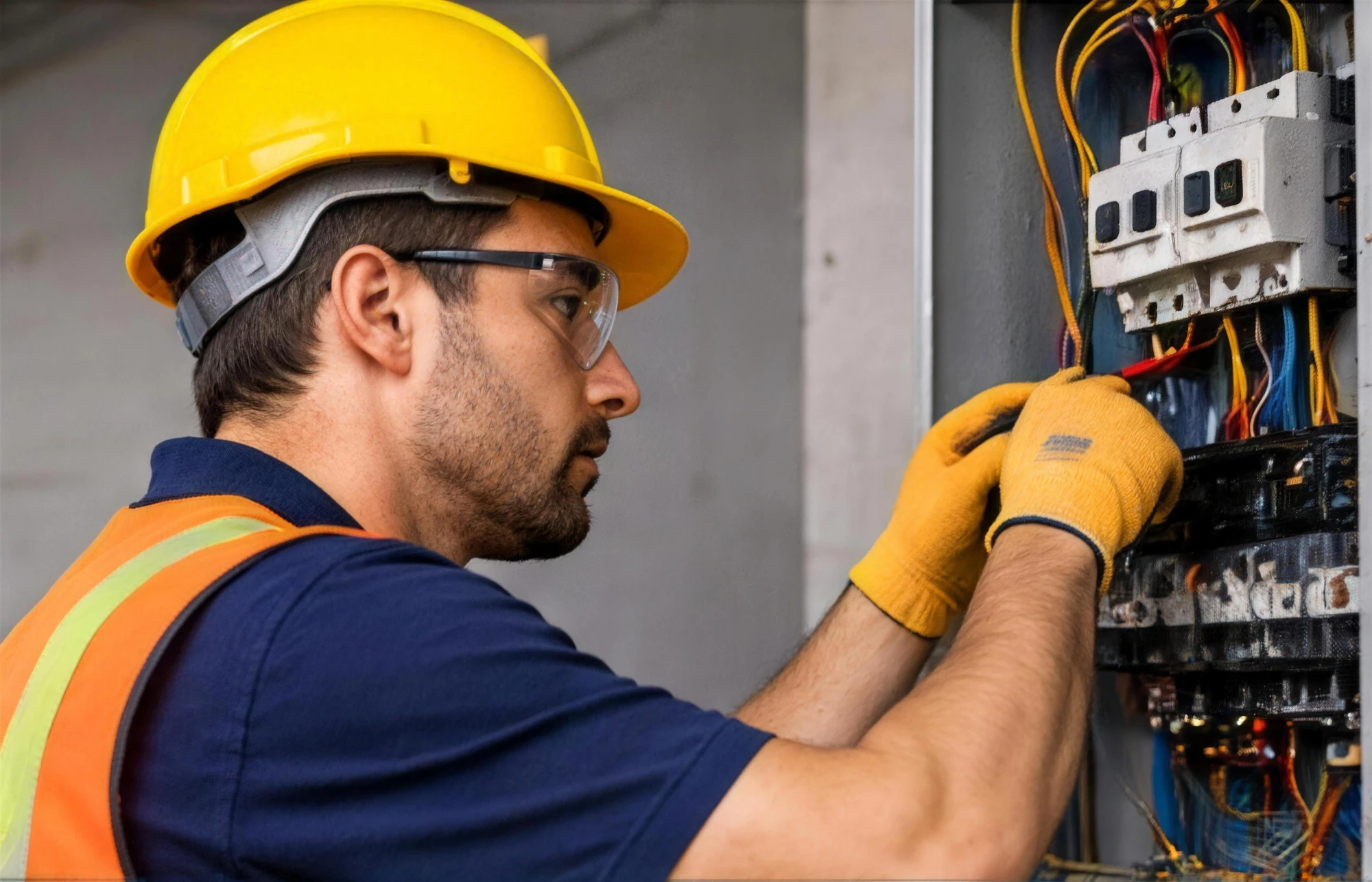 Electrician working in an electrical panel in Fayetteville, AR