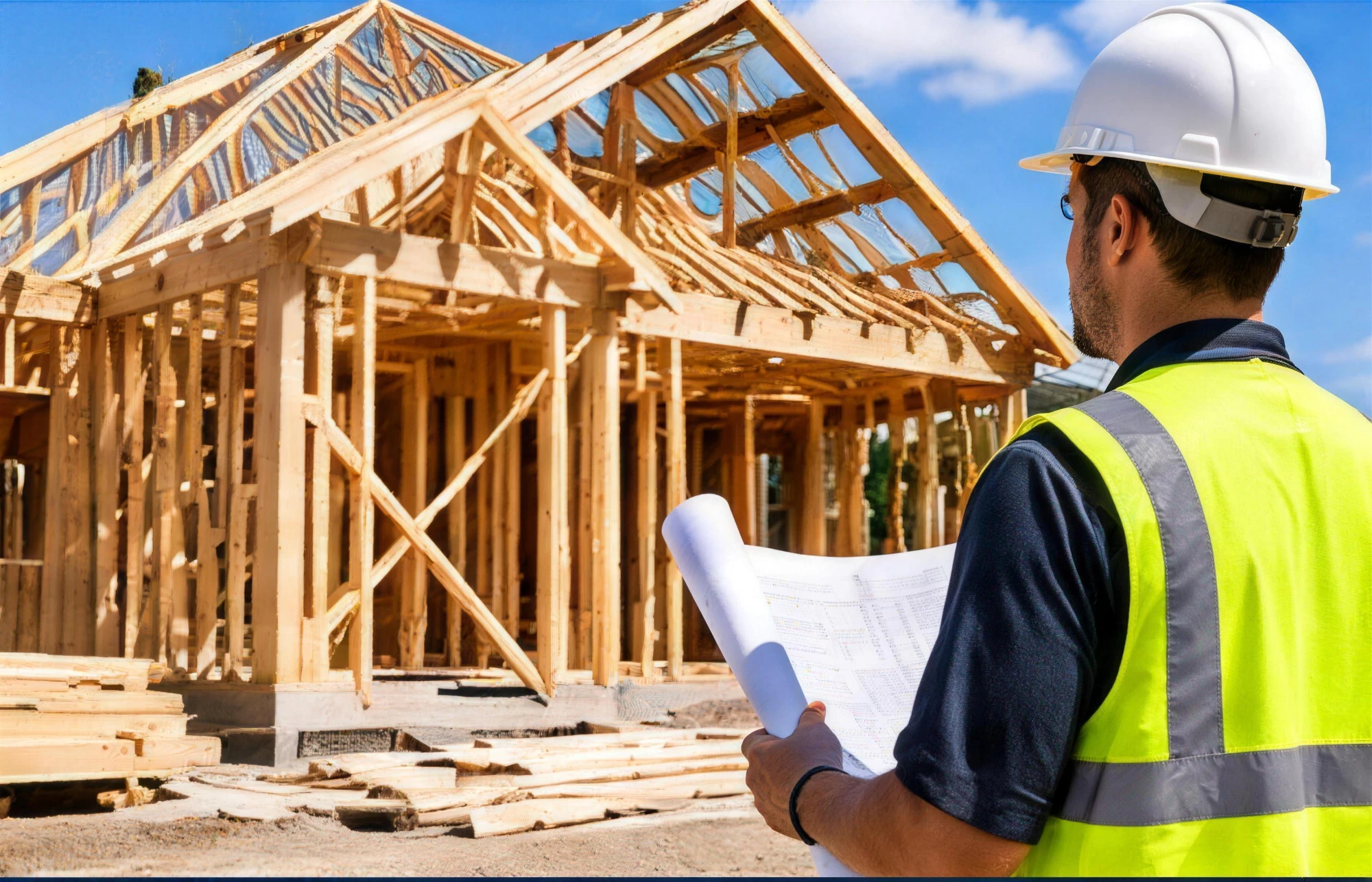General contractor reviewing plans at a framed home under construction in Fayetteville, AR