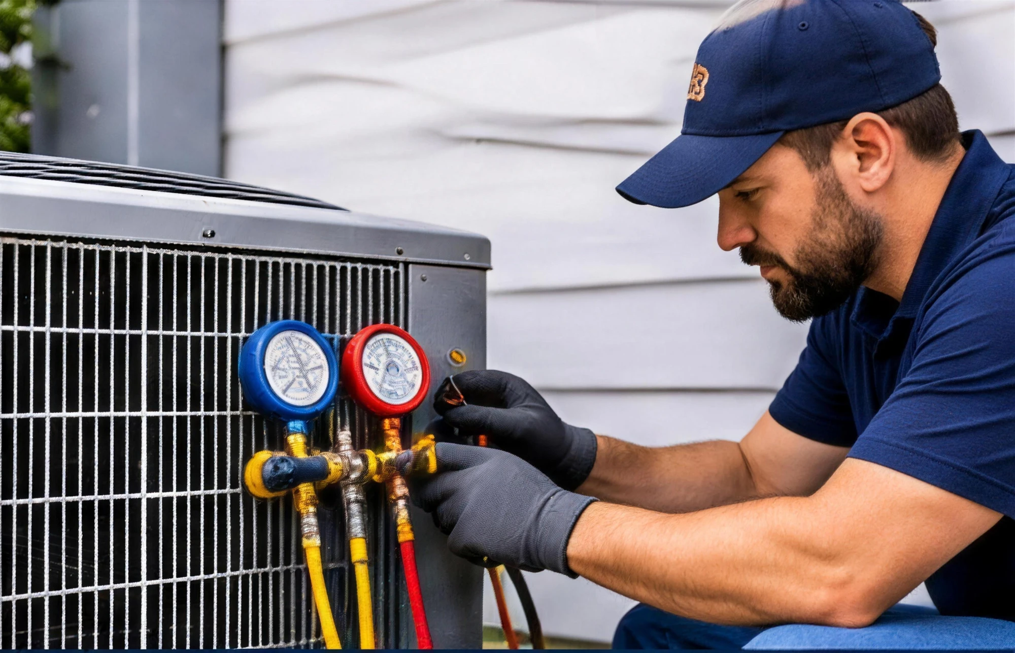 HVAC technician checking refrigerant gauges on an outdoor AC unit in Fayetteville, AR