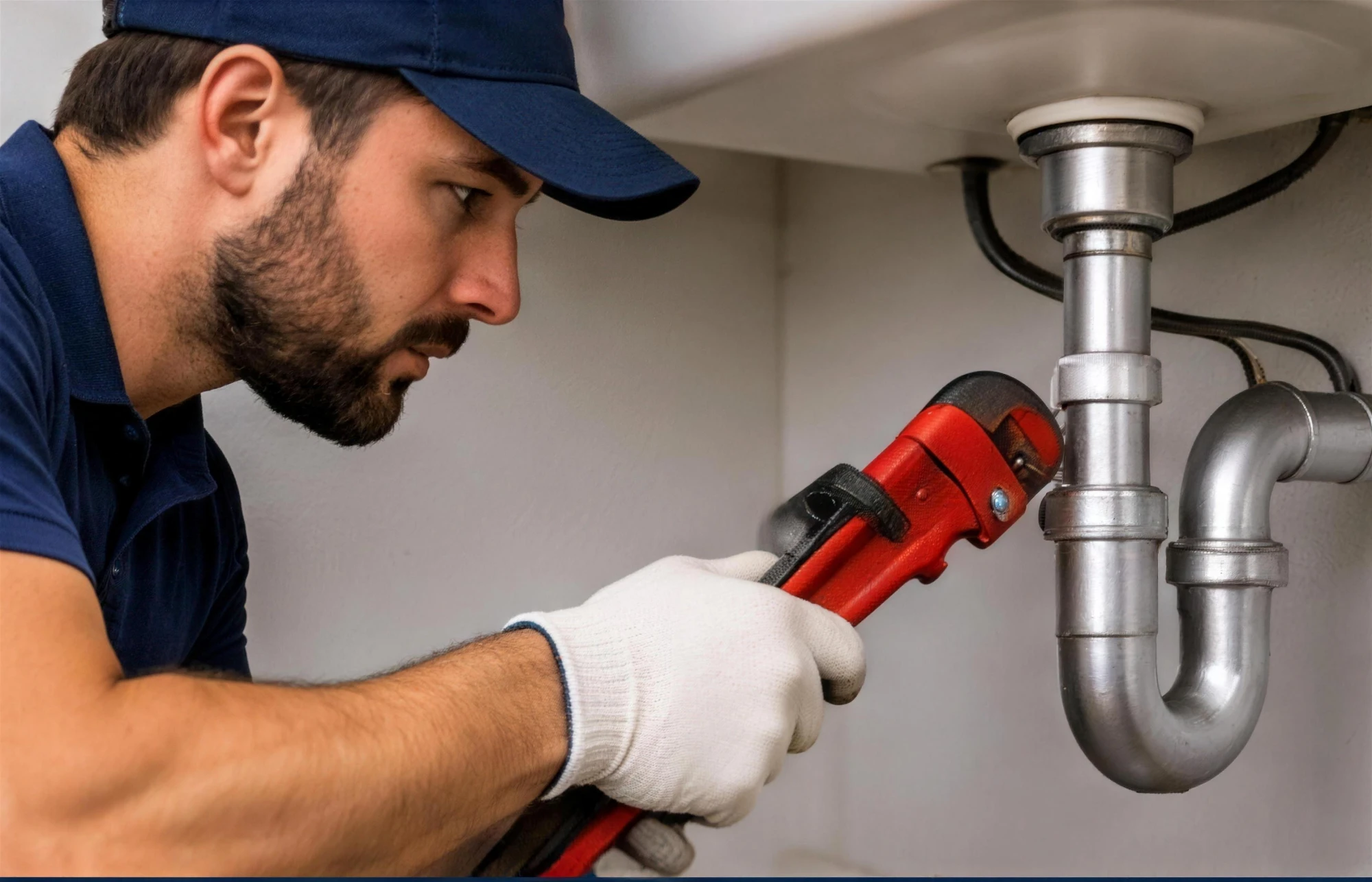 Plumber tightening a sink drain pipe with a pipe wrench in Fayetteville, AR