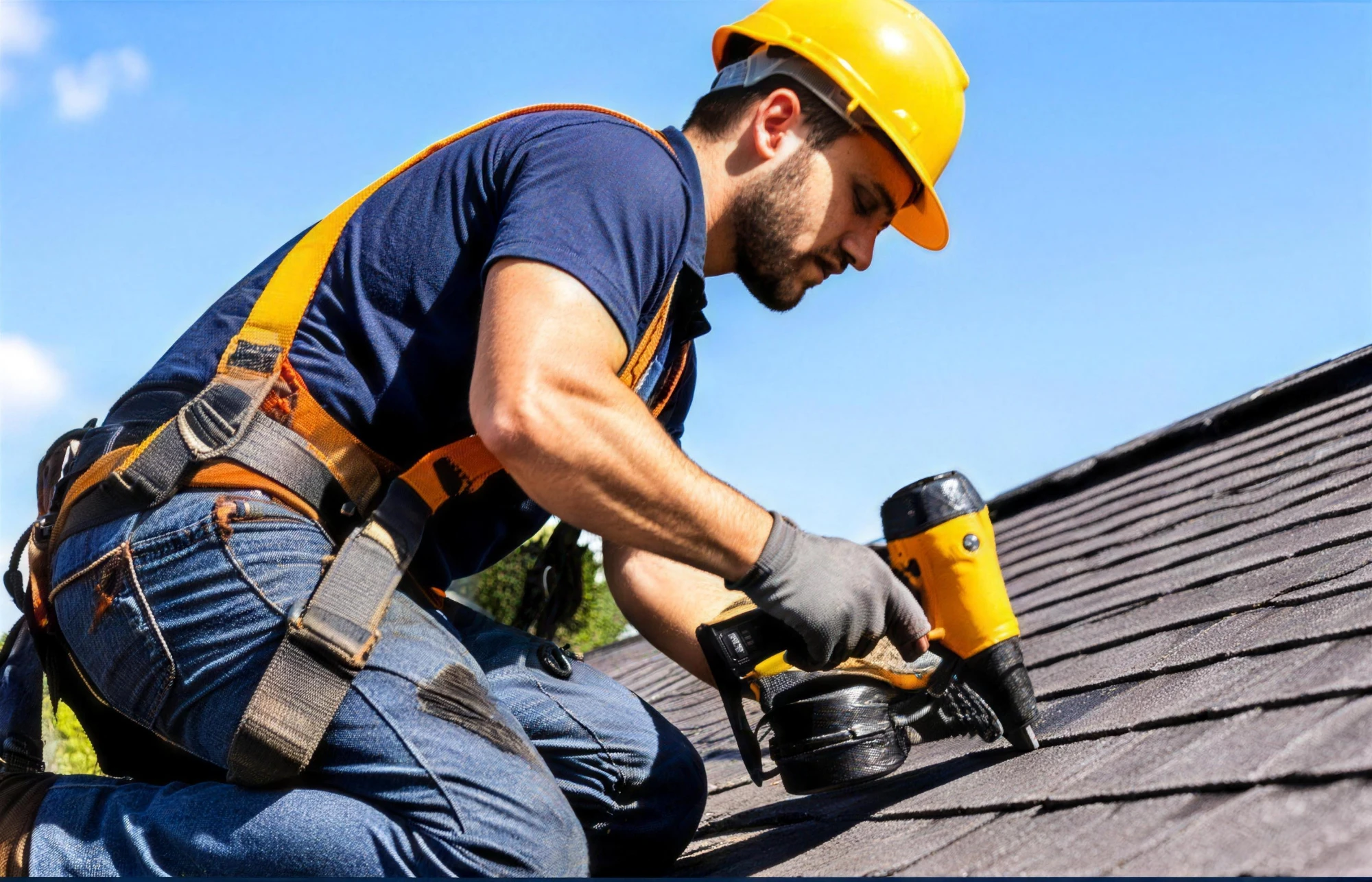 Roofer in a safety harness nailing asphalt shingles in Fayetteville, AR
