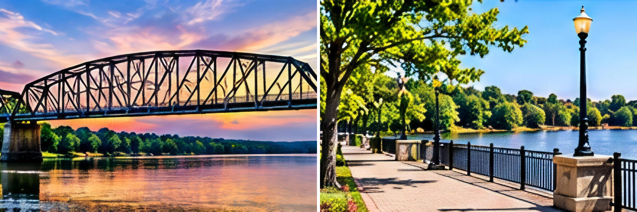 Fort Smith, Arkansas collage with a steel truss bridge over the Arkansas River at sunset and the riverfront walkway