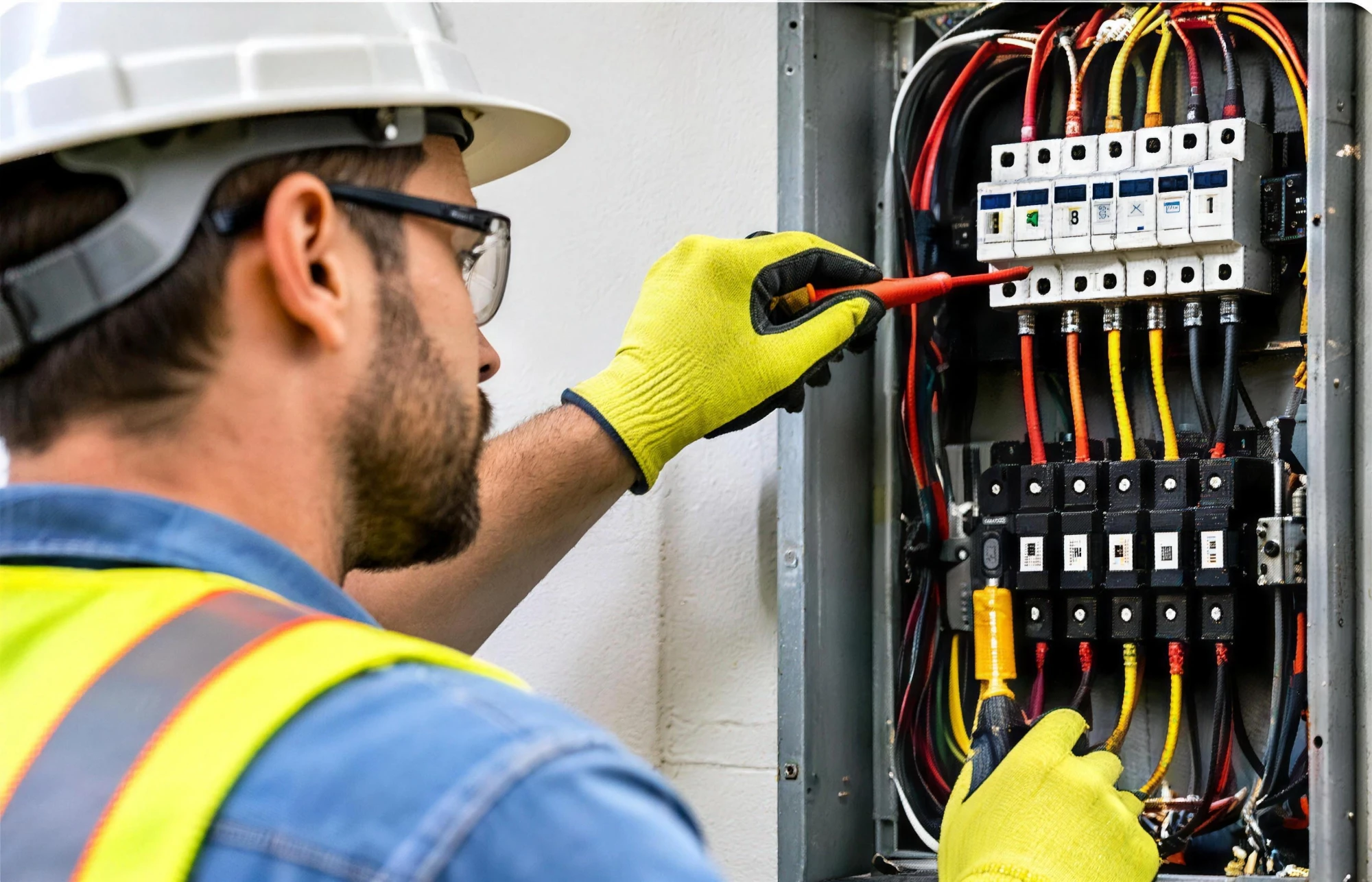 Electrician working in an electrical panel in Fort Smith, AR