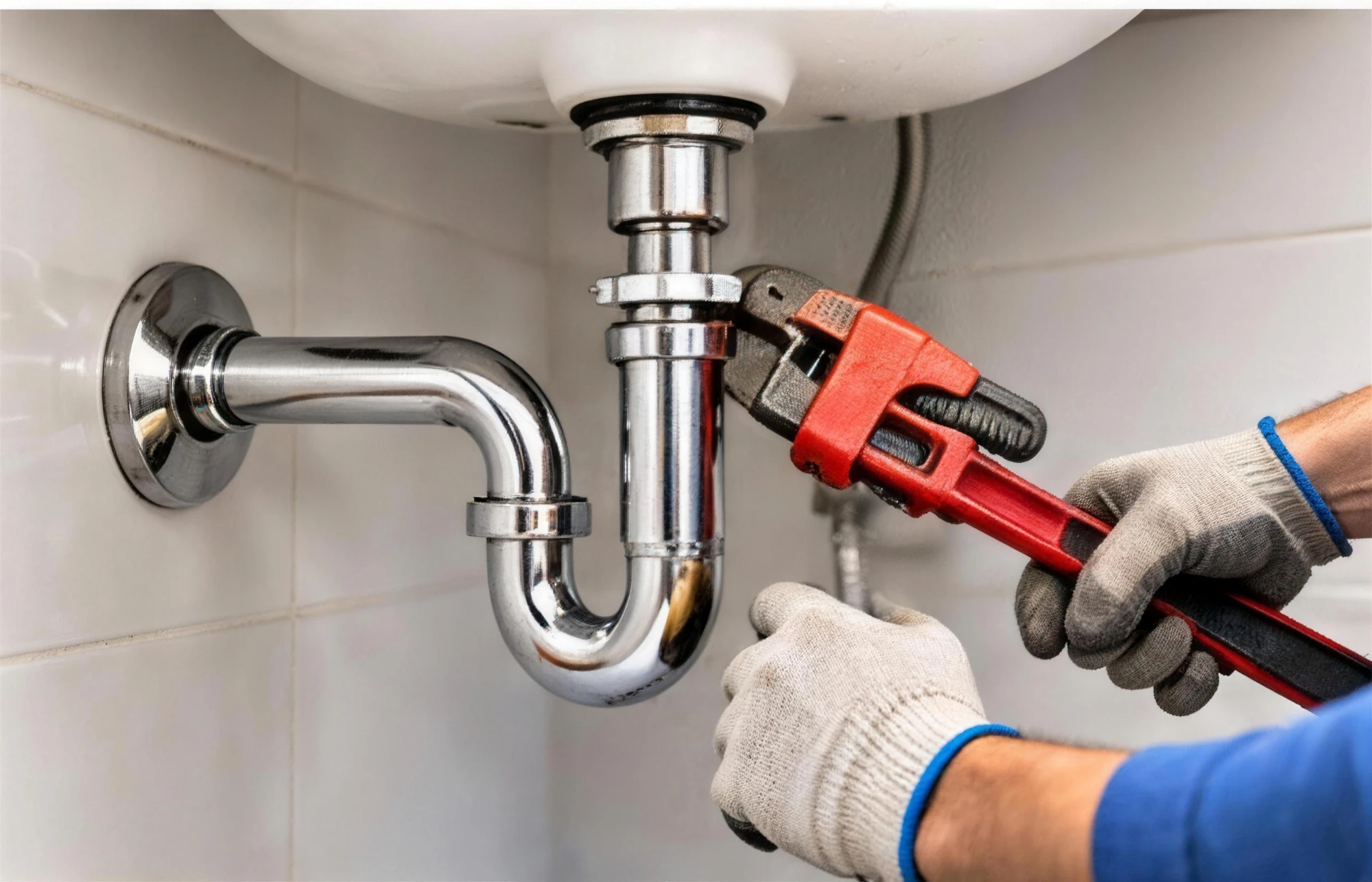 Plumber tightening a sink drain pipe with a pipe wrench in Fort Smith, AR