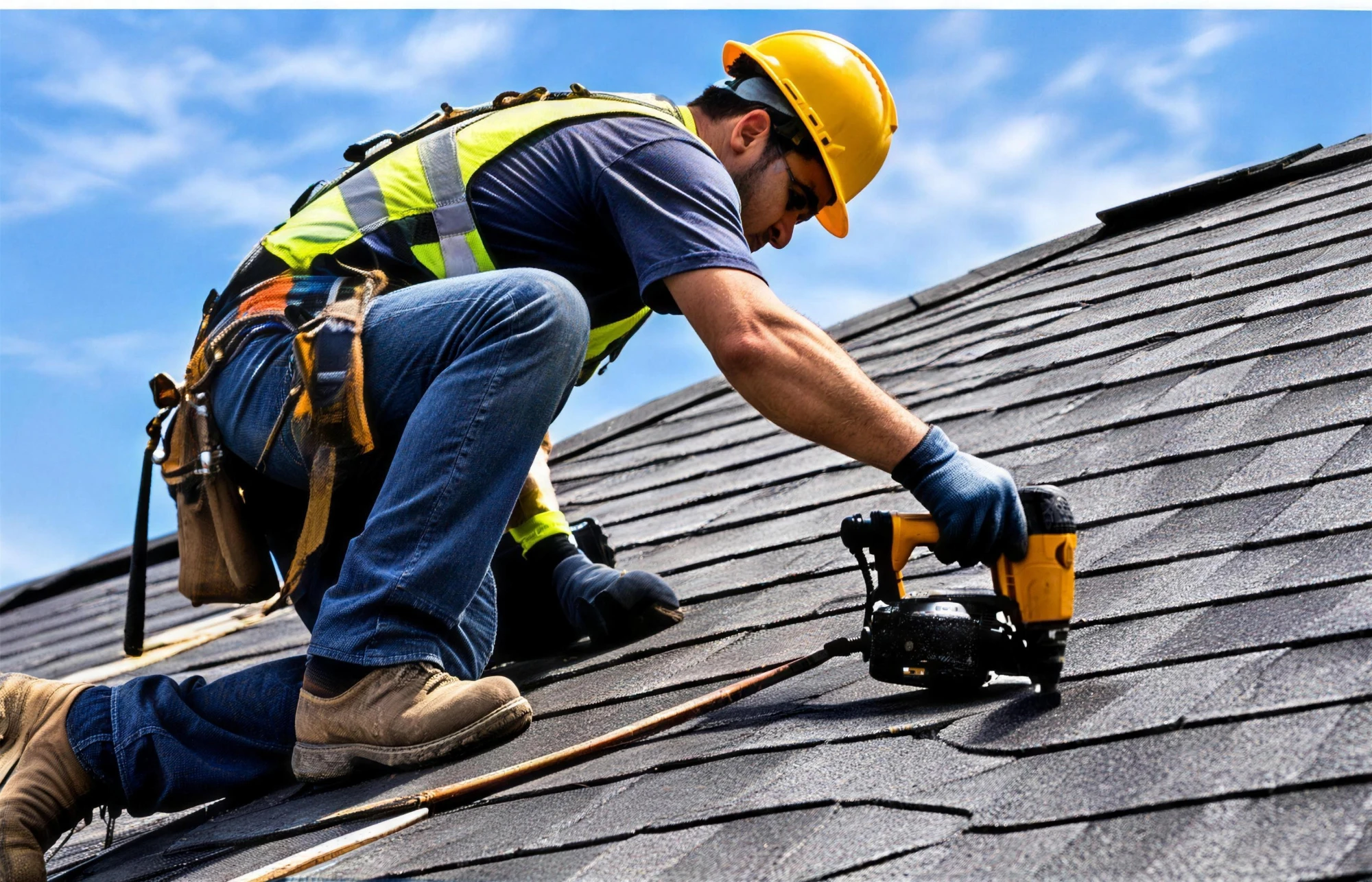 Roofer in a safety harness nailing asphalt shingles in Fort Smith, AR