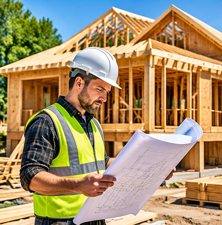 General contractor reviewing blueprints at a wood-framed home build in Auburn, AL