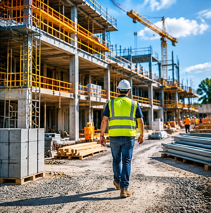 Contractor walking a multi-story commercial construction site in Montgomery, AL