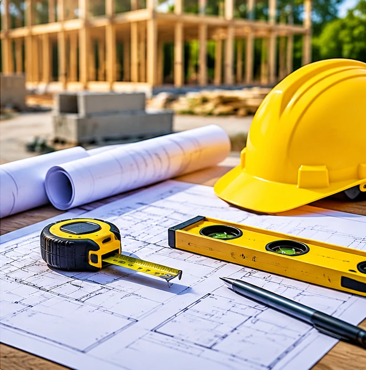 Hard hat, tape measure, and level on construction blueprints