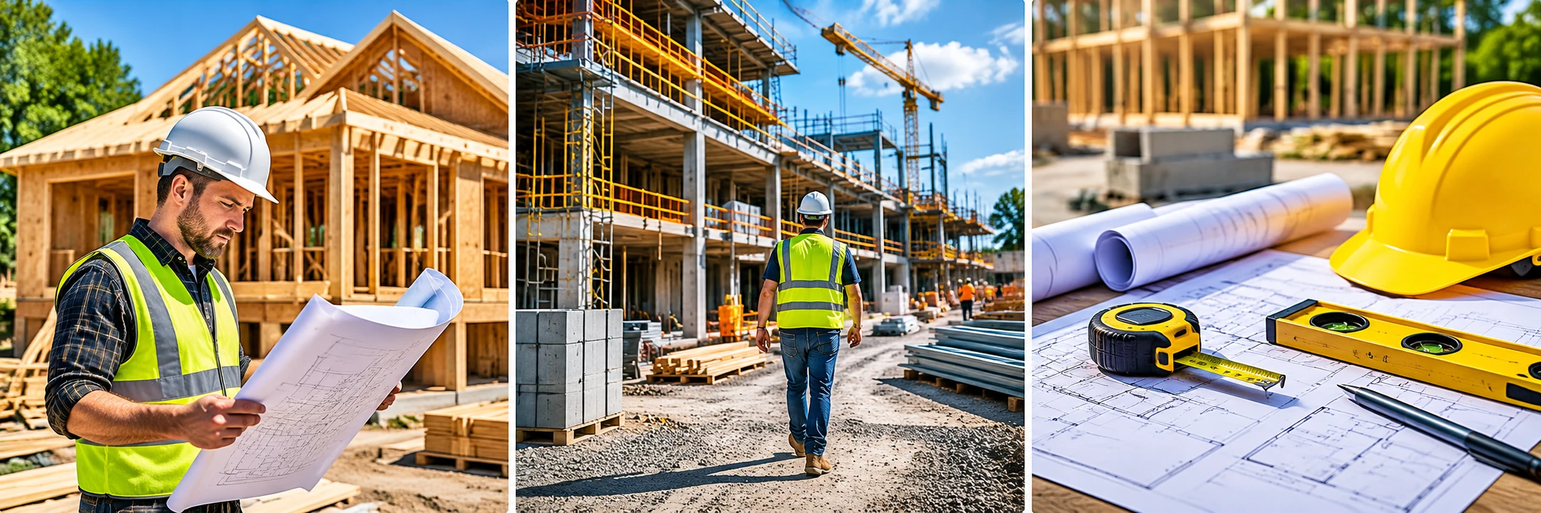 General contractor insurance collage showing residential framing, a commercial job site, and planning tools for Dothan, AL contractors