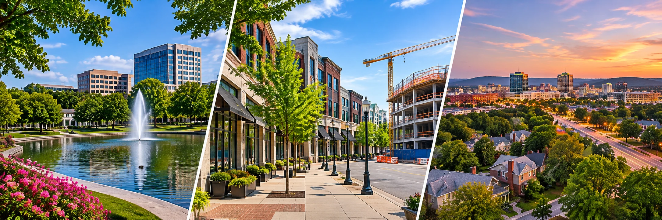 Huntsville, Alabama collage with a park fountain, downtown construction, and the city skyline