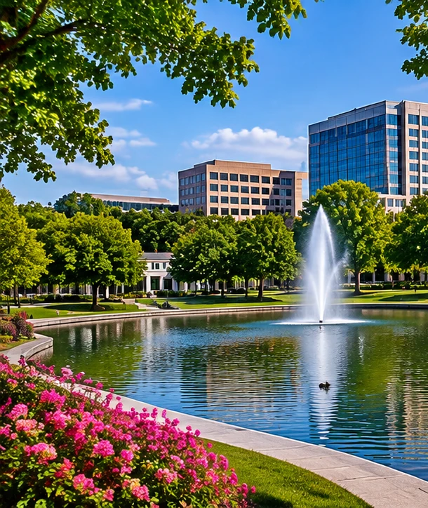 Park fountain and office buildings in Huntsville, Alabama