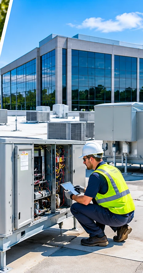 HVAC technician working on rooftop commercial units in Dothan, AL
