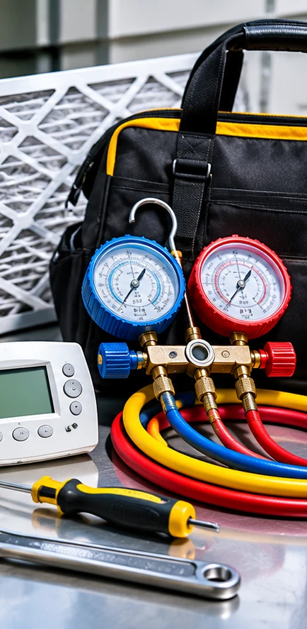 HVAC gauges, thermostat, and tools