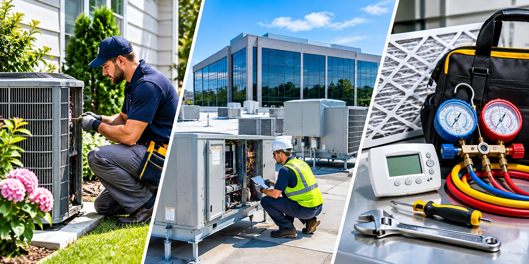 HVAC contractor insurance collage showing residential service, rooftop commercial units, and HVAC tools for Auburn, AL contractors