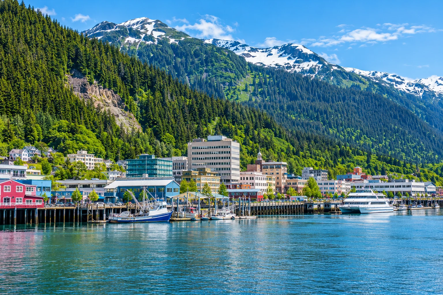 Juneau, Alaska waterfront with Mount Juneau behind downtown