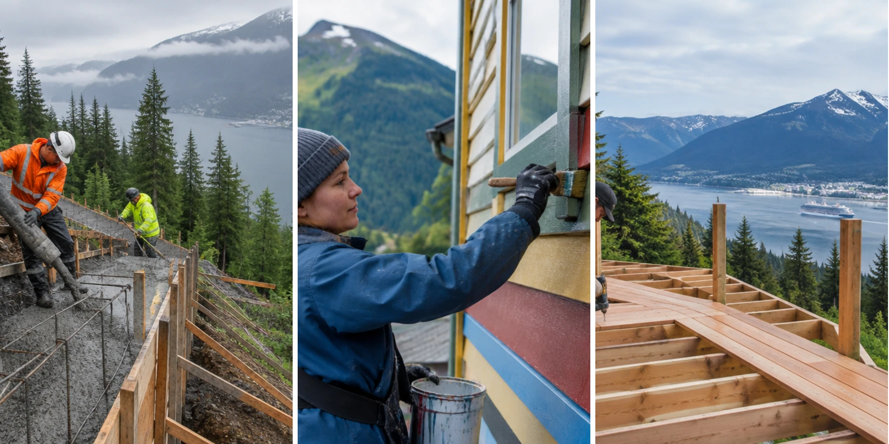 Juneau, AK contractors at work: a concrete crew on a hillside foundation, a painter on historic siding, and a carpenter building a deck