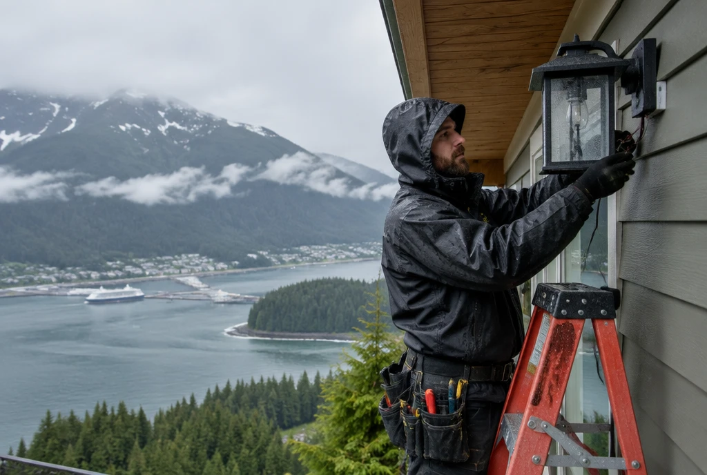 Electrician installing exterior lighting on a hillside home in Juneau, AK