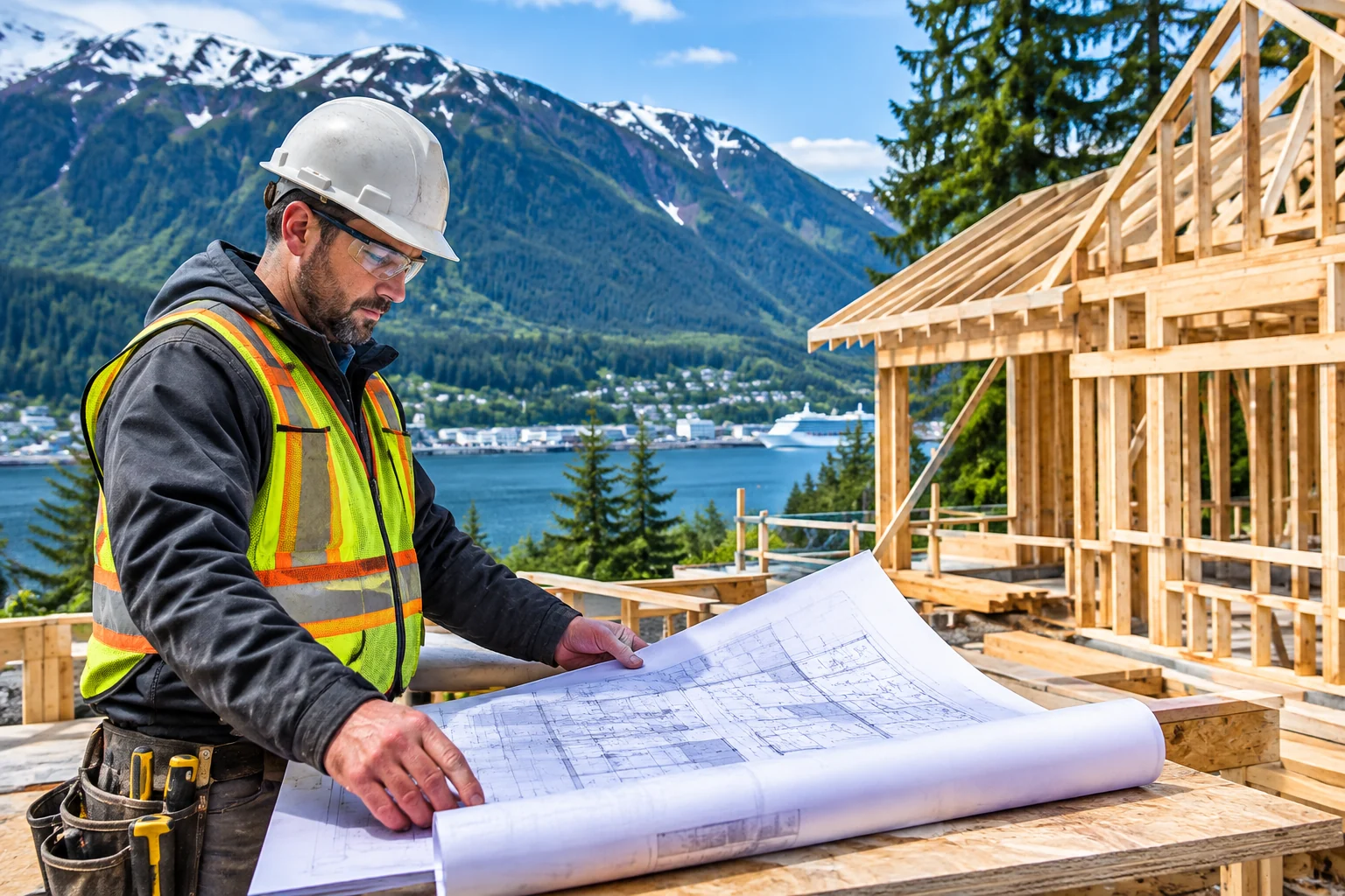 General contractor reviewing plans at a framed home overlooking Gastineau Channel in Juneau, AK