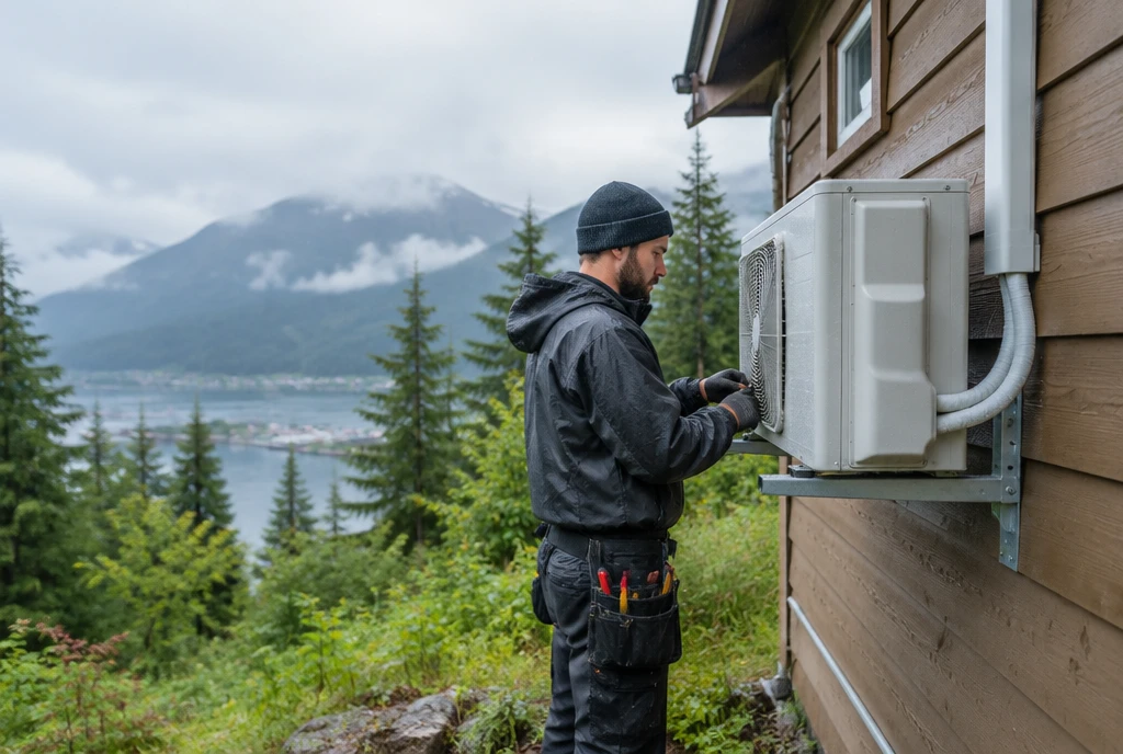 HVAC technician installing a ductless heat pump on a Juneau, AK home