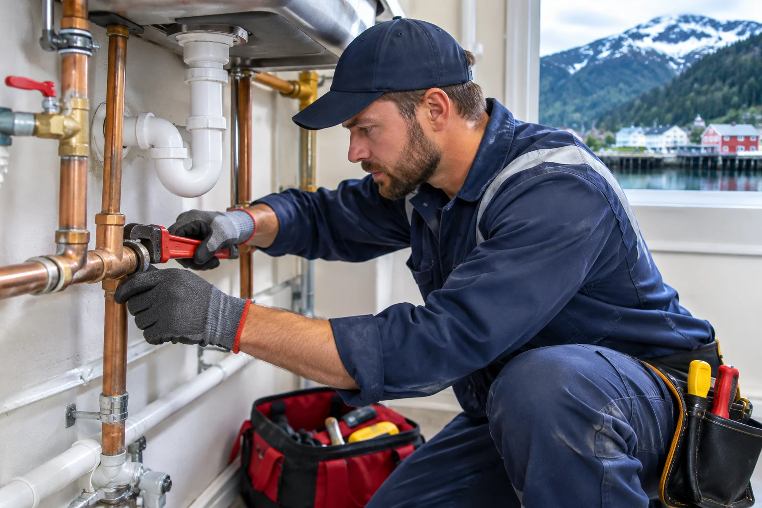 Plumber tightening copper water lines in a Juneau, AK building