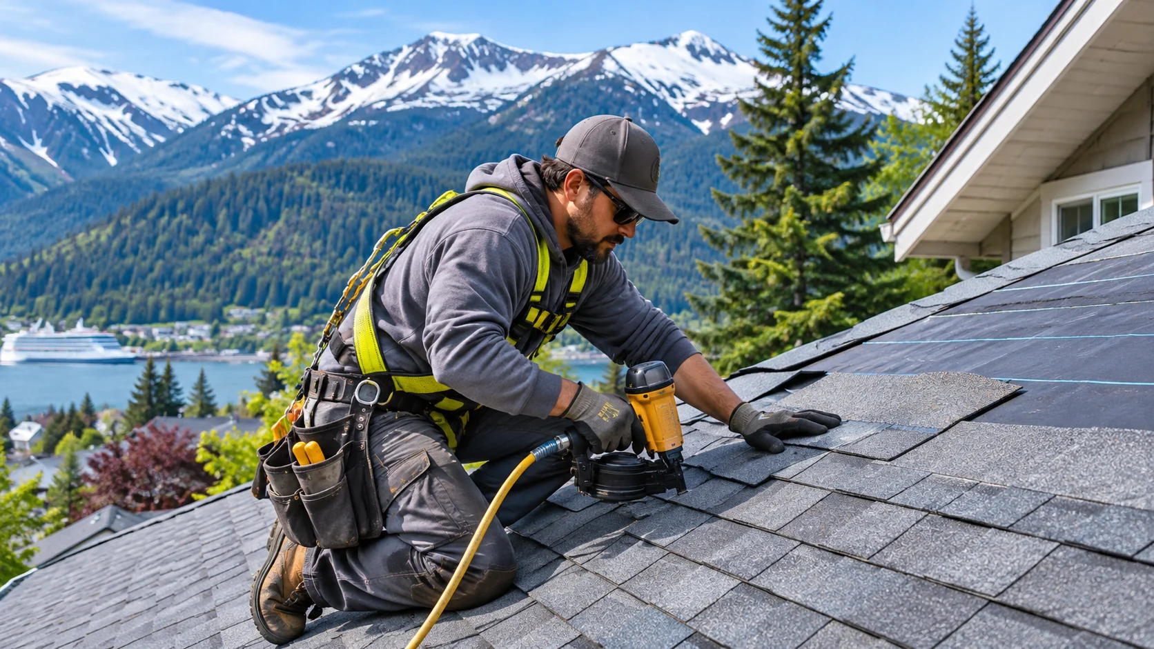 Roofer installing asphalt shingles above the harbor in Juneau, AK