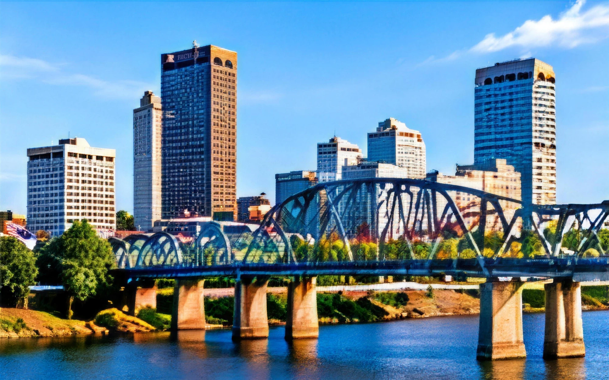 Little Rock, Arkansas skyline and bridge over the Arkansas River