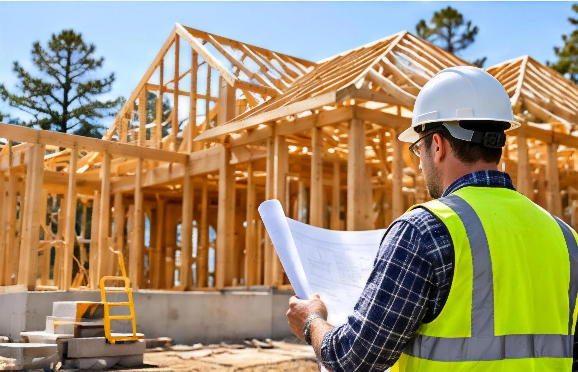 General contractor reviewing plans at a framed home under construction in Little Rock, AR