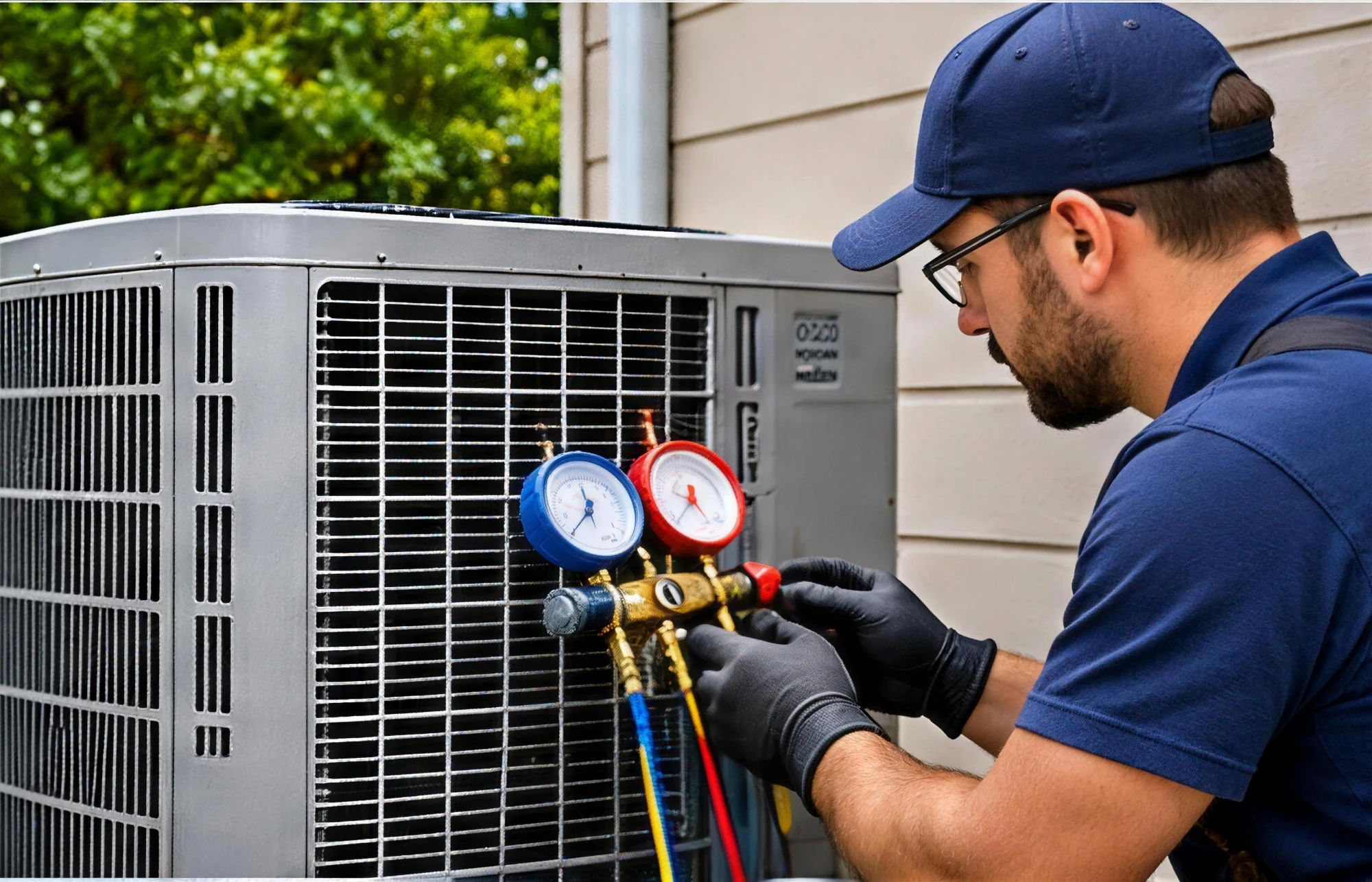 HVAC technician checking refrigerant gauges on an outdoor AC unit in Little Rock, AR