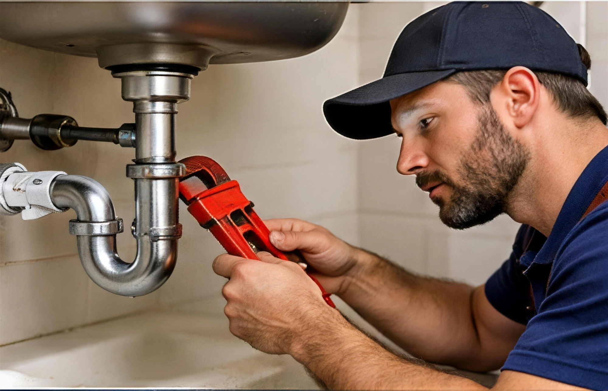 Plumber tightening a sink drain pipe with a pipe wrench in Little Rock, AR