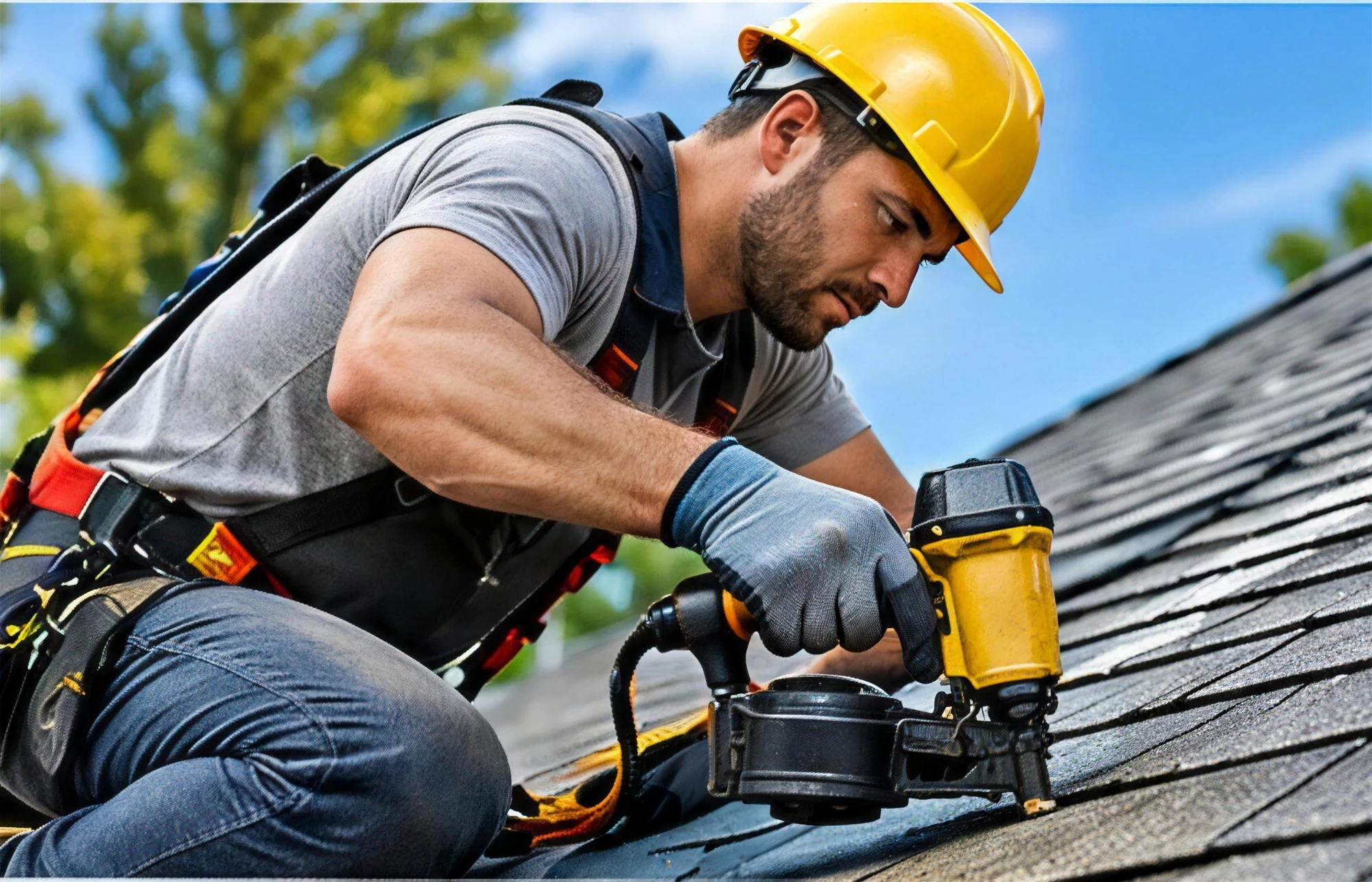 Roofer in a safety harness nailing asphalt shingles in Little Rock, AR