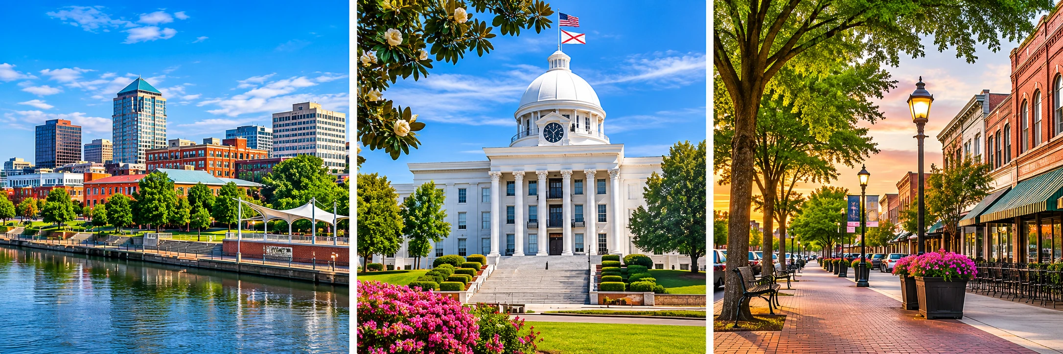 Montgomery, Alabama collage with the riverfront, the State Capitol, and a downtown street